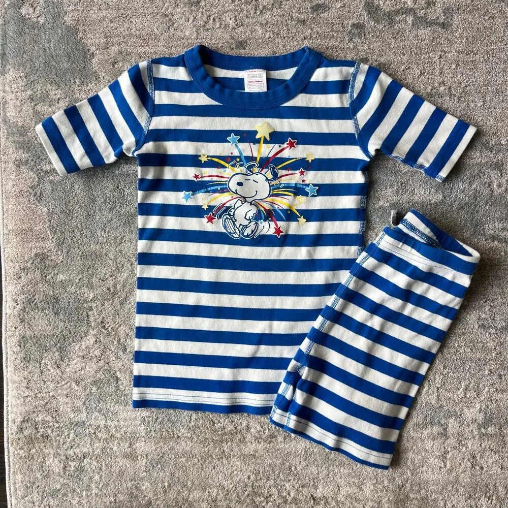 Hanna Andersson Blue & White Striped Snoopy Fireworks Short John PJs 130 cm 8